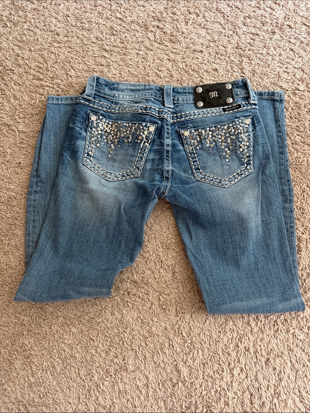 Miss Me Blue Denim Jeans with Sequin-Trimmed Back Pockets